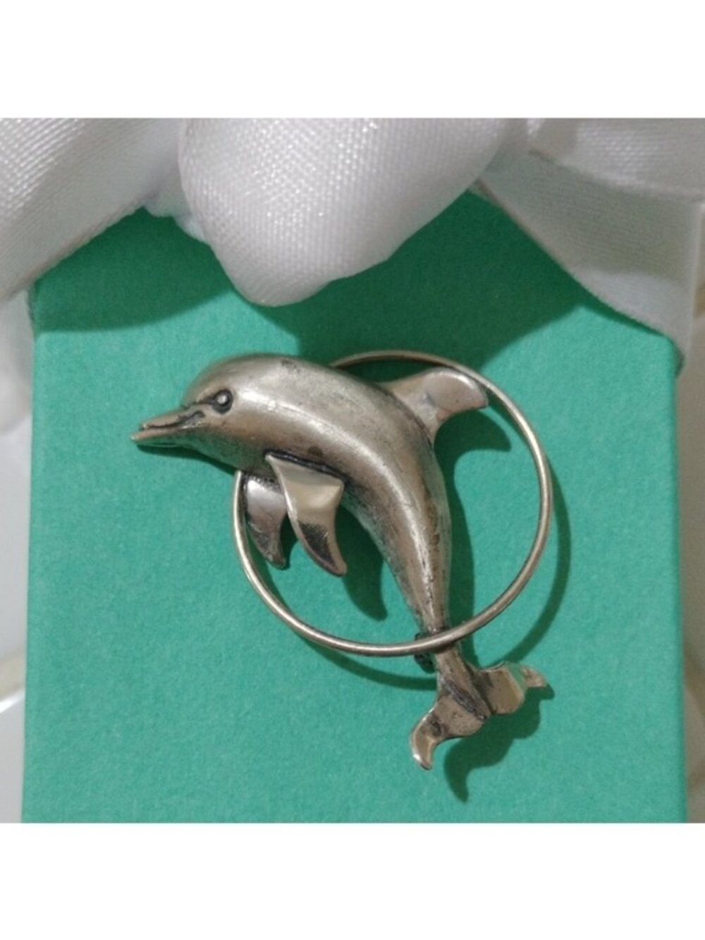 Beau Vintage Sterling Silver Dolphin In Hoop Brooch